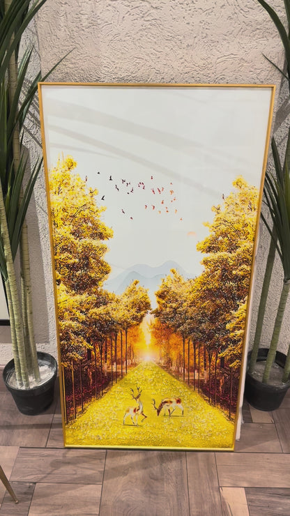 Golden Tree & Deer Modern Crystal Glass Painting [ 24 x 48 Inches ]