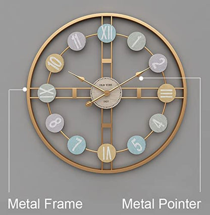 Gold Metal Wall Clock - 24 Inch, Vintage Pattern for Living Room, Bedroom, or Study