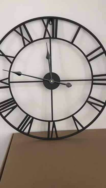 Black Round Metal Wall Clock - 24 inch, Classic Vintage Design for Living Room, Bedroom, and Study