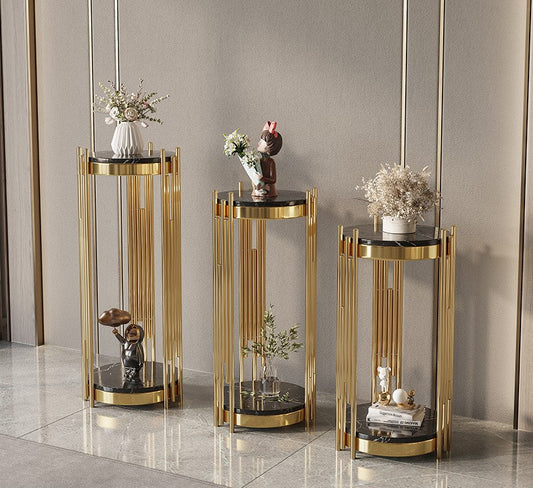 The Mystique Tube Double Decker Accent Side Table [ Pack of 3 ] [ Gold PVD Coated ]