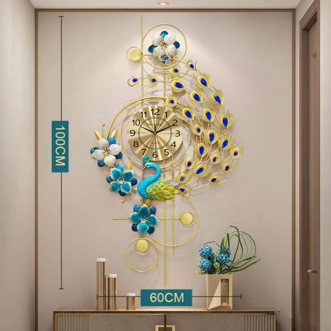 Peacock Metal Wall Clock - Blue Dial, 100cm x 60cm
