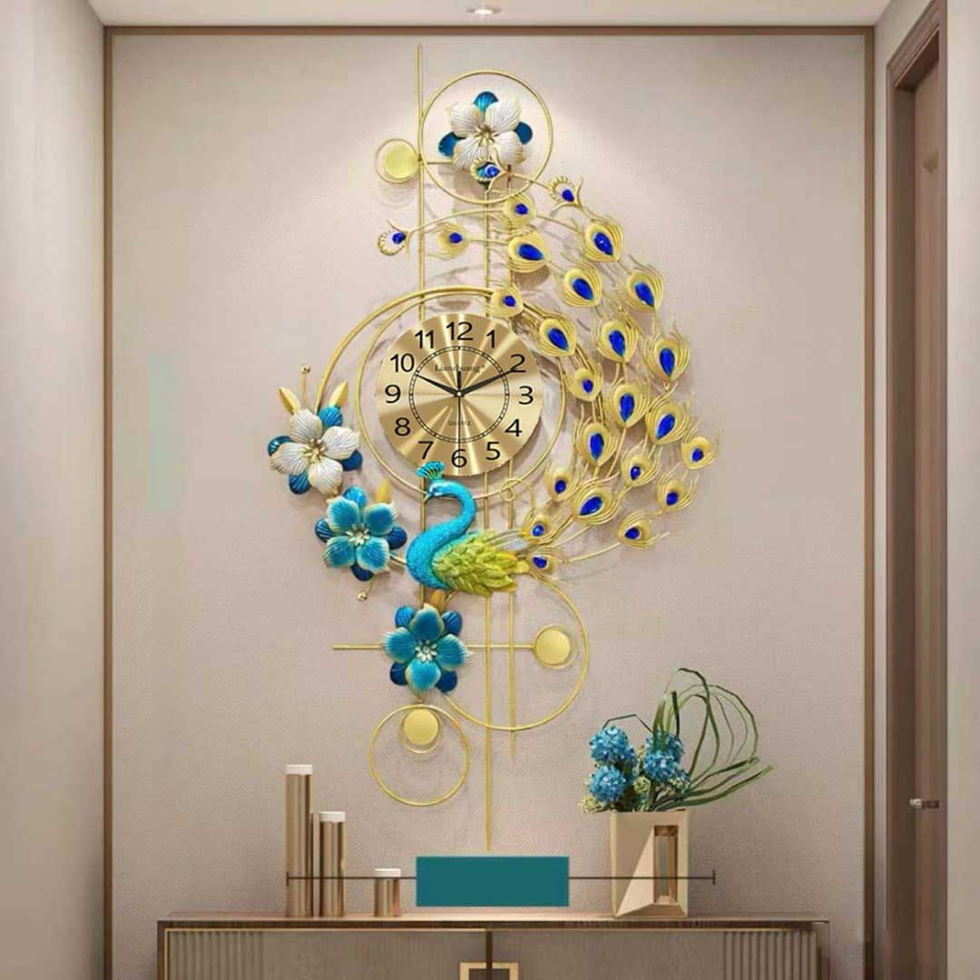 Peacock Metal Wall Clock For Home With Blue Dial